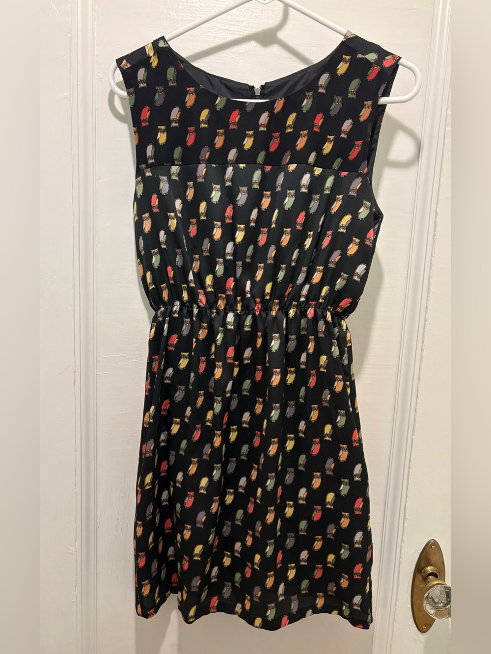 Black Sleeveless Casual Dress with Multicolor Owl Print